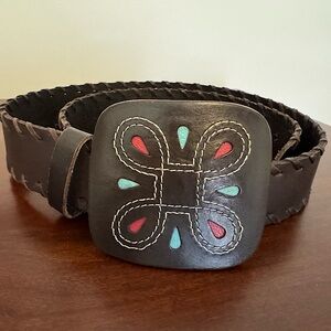 Banana Republic Boho Leather Brown Belt with Colorful Square Leather Buckle